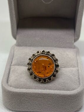 Sterling Silver Baltic Amber Cocktail Ring, size 8